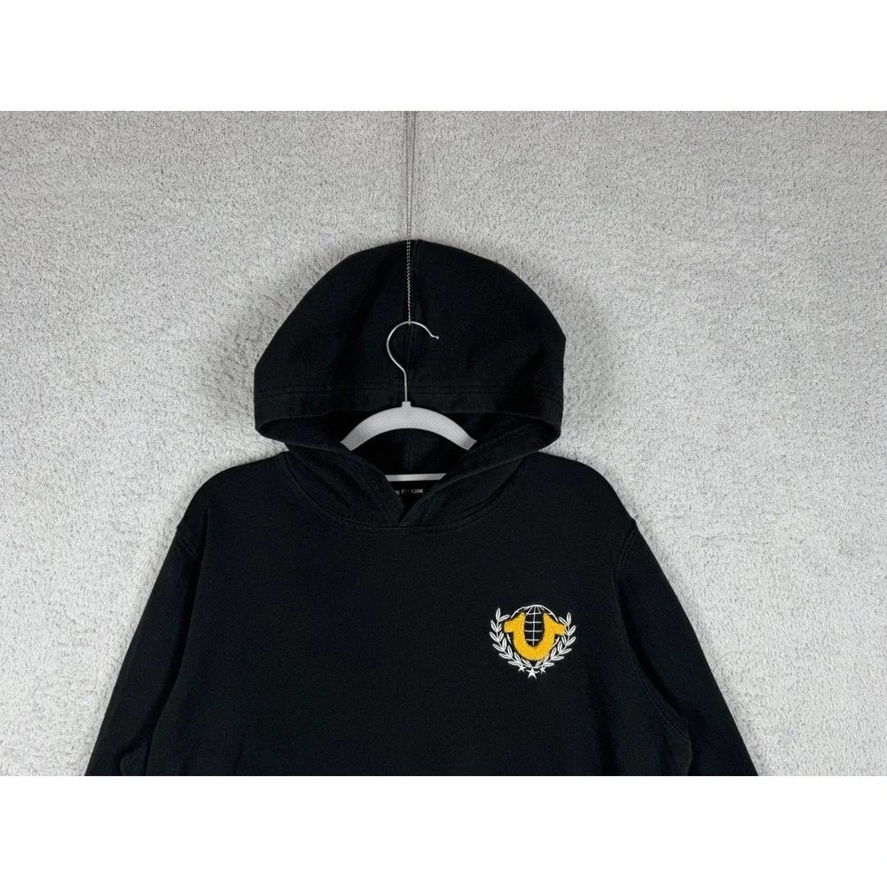 True Religion Mens Collegiate Pullover Hoodie Size M Black‎ Chenille Logo Patch
